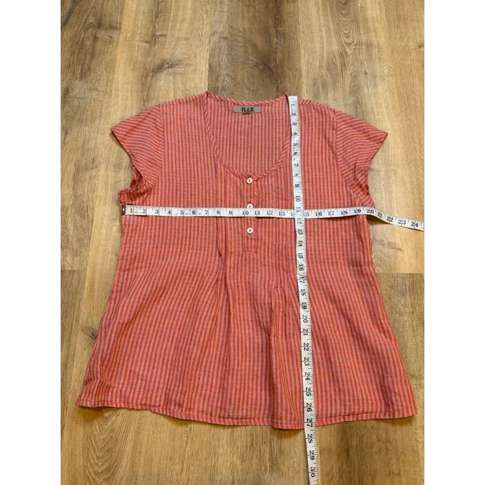 Flax Medium Pink & Orange Gingham Short Sleeve Pintuck Linen Blouse - Picture 4 of 6